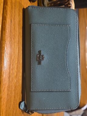 Coach Pebbled Zip-Around Wallet in Teal Blue